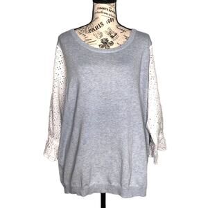 Skies are Blue Floral Eyelet Ruffle 3/4 Sleeve Crewneck Pullover Knit Sweater 2X